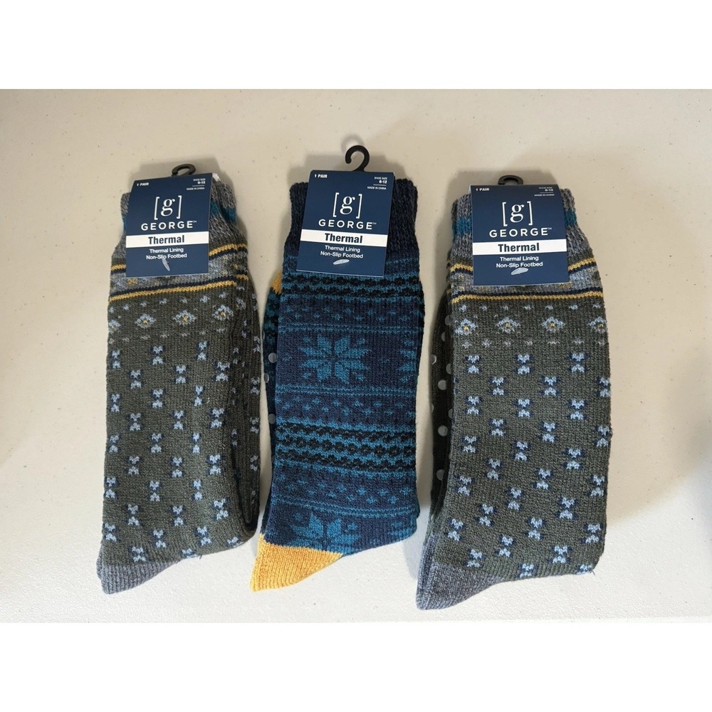 (3) George‎ Thermal Socks Men Size 6-12 Thermal Lining Non-Slip Footbed NEW